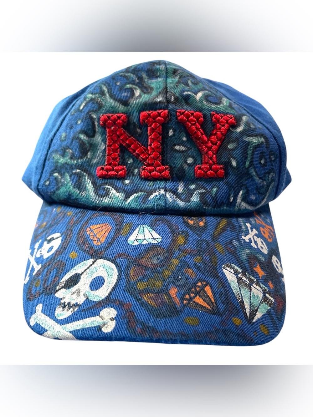 Handpainted Signed Blue Hat Embroidered NY Skull & Crossbones Graffiti Youth